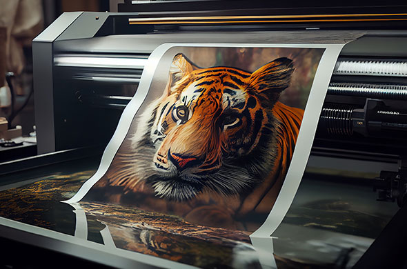 Impresora de gran formato imprimiendo una imagen de alta resolución de un primer plano de un tigre.
