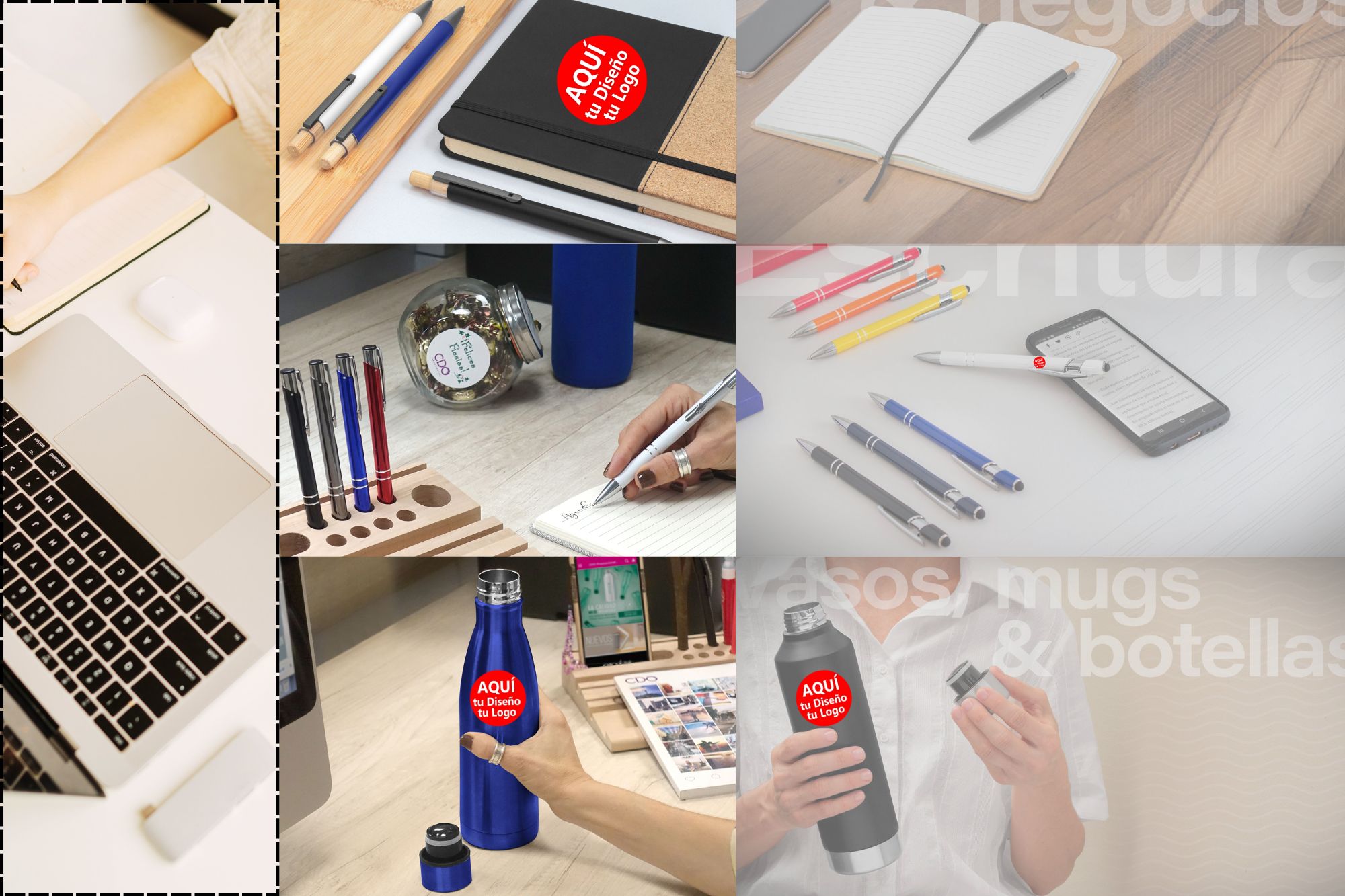 Mosaico de artículos de merchandising como tazas, lápices, cuadernos, botellas de agua y dispositivos tecnológicos sobre un escritorio de trabajo.