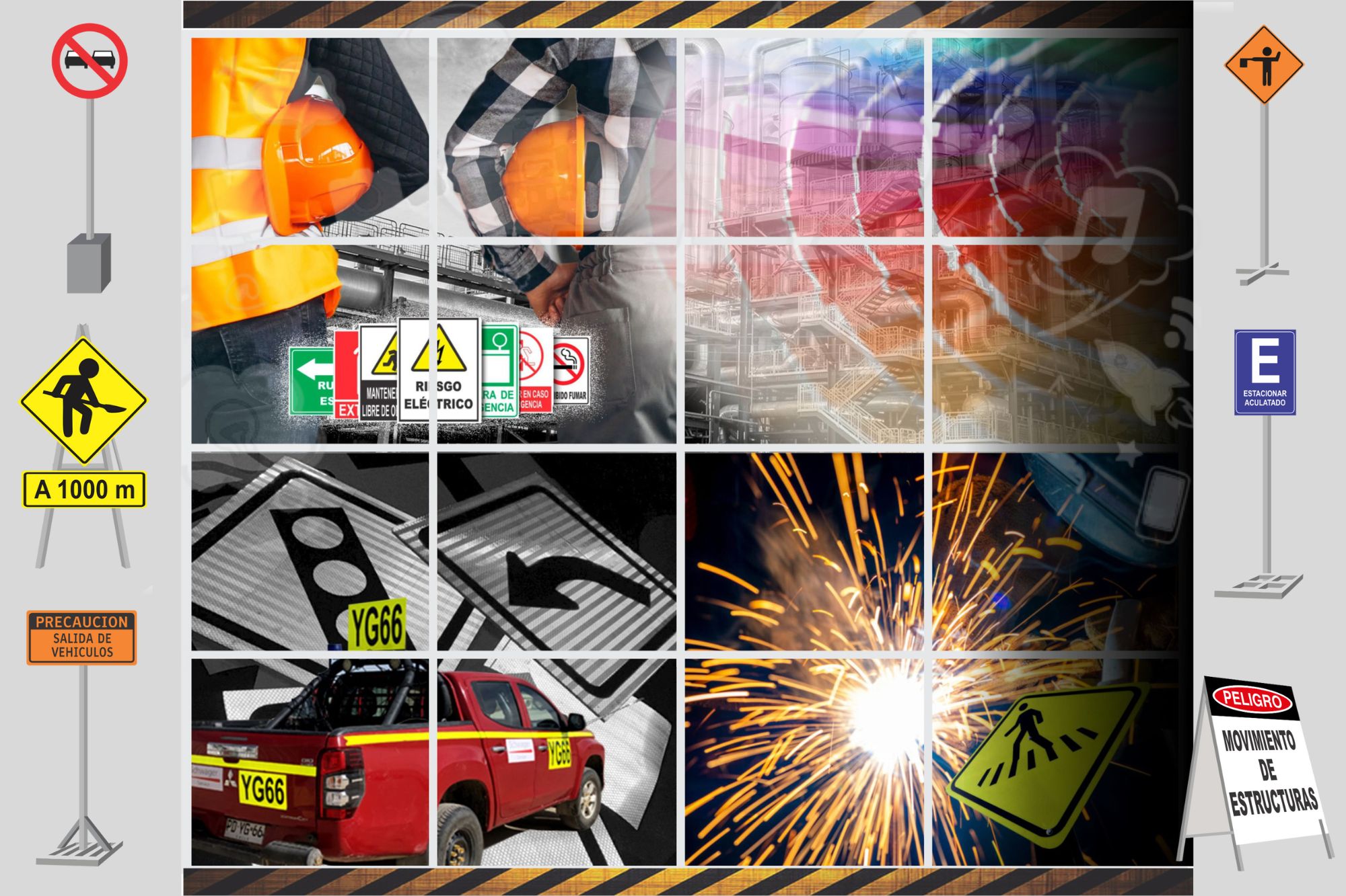 Mosaico de imágenes mostrando señaléticas de seguridad industrial, vial, de advertencia y peligros en entornos de construcción y fábricas.